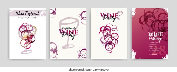 collection of templates with designs for wine, wine and food events. Flyers, posters, invitation cards, banners, menus. Wine stains background. Idea with wine glasses stains and food symbols. Vector
