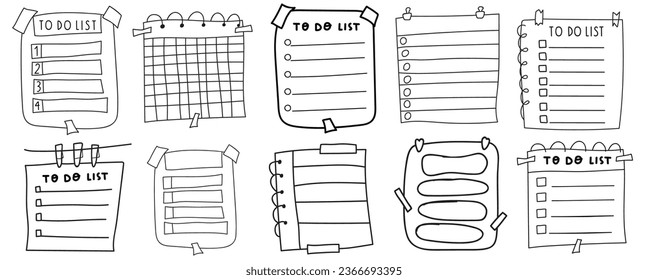 Collection of templates of To do lists. Outline vector hand drawn icons. Graphic design. Illustrations on white background.