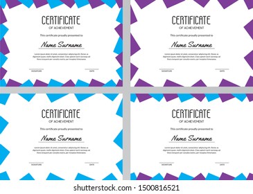 Collection of templates for educational courses, competitions or gift cards. Geometrical horizontal certificate design. A4 standard scaled size. Vector illustration