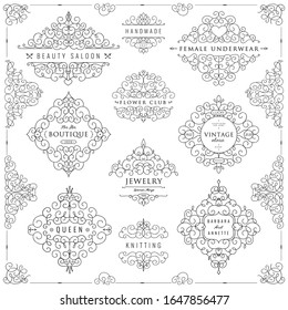 Sammlung von Vorlagen. Blüht kalligraphische Ornamente und Rahmen. Gut für Logos, Bücher, Schmuck, Badges, Postkarten, Banner, Vektorillustration-Illustration