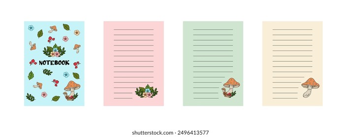 A collection of templates for note-taking with a forest theme, featuring flowers, berries, mushrooms, and leaves. Creating a notebook.