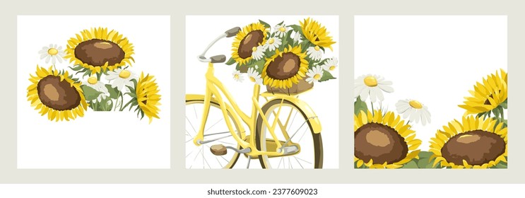 Collection of templates for postcards or invitations for a end summer holiday. Set of vector backgrounds with sunflower, chamomile and retro bike.