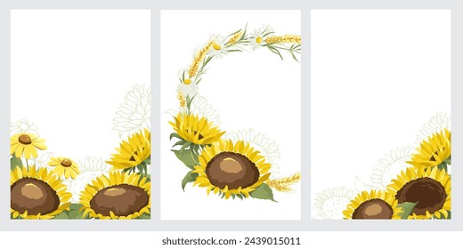 Collection of templates for postcards or invitations for a summer holiday. Set of vector backgrounds with sunflowers, chamomile and ears.	