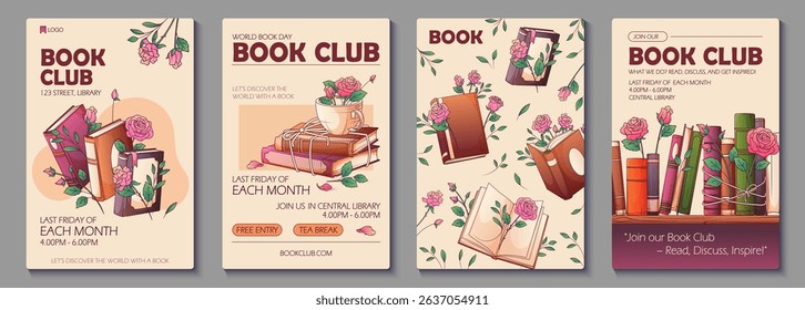 Collection of templates for poster design for book club. Vector illustration of books, bookshelf, standing books with rose flowers. Book lover, bookstore, library, reading corner concept.
