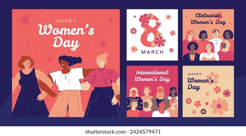 Colección de plantillas de posts para celebrar el día de la mujer para las redes sociales con una imagen de una multitud de mujeres, flores, el número 8.