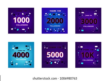 Collection of templates for social media post. Followers thank you phrases on trendy background with random items. Glitch chromatic aberration trendy style. Vector illustration.