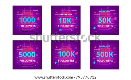 Collection of templates for social media post. Followers thank you phrases on trendy background with random items. Chromatic aberration trendy style. Banner for blog. Vector illustration.