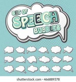 Collection of templates speech bubbles in pop art style. Elements of design comic books. Set of multilayer thought or communication bubbles. White 3d stickers. Vector illustration