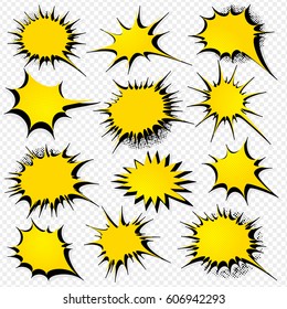 Collection of templates speech bubbles in pop art style. Elements of design comic books. Set of yellow  star burst with place for text. Colored vector stickers.