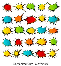 Collection Of Templates Speech Bubbles In Pop Art Style. Elements Of Design Comic Books. Set Of Colorful  Star Burst With Place For Text. Colored Vector Stickers.