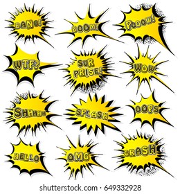 Collection of templates speech bubbles in pop art style. Elements of design comic books. Set of yellow starburst with different emotions and sound effects. Colored vector stickers.