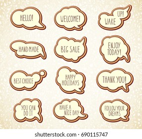 Collection of templates speech bubbles with quotes. Multilayer cartoon stickers with stitches, short messages. Can be used for decoration of kids' illustrations, design, comics, banners