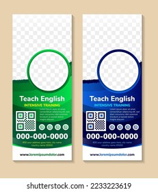 collection of Templates of vector blue and green roll up banners on the theme of teach english, intensive training, with a place for photos collage. Universal design with curve diagonal elements.