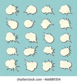 Collection of templates white speech bubbles in pop art style with shadow. Elements of design comic books. Set of thought or communication bubbles, explosion. Vector illustration