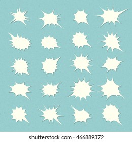 Collection of templates white speech bubbles in pop art style with shadow. Elements of design comic books. Set of thought or communication bubbles, explosion. Vector illustration