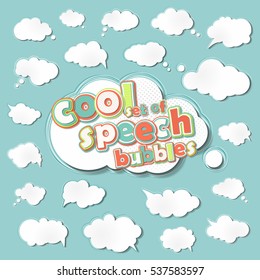 Collection of templates white speech bubbles with colored outline stroke in pop art style. Elements of design comic books. Set of thought or communication bubbles. Vector illustration
