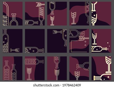 Collection of templates with wine design in retro style.
Bottle and glass of wine with geometrical ornament. Perfect for prints, fabrics, banners, prints, invitations. EPS10
