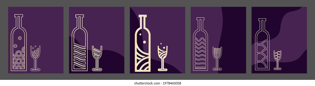 Collection of templates with wine design in retro style.
Bottle and glass of wine with geometrical ornament. Perfect for prints, fabrics, banners, prints, invitations. EPS10