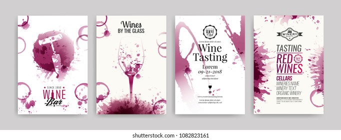 Collection of templates with wine designs. Brochures, posters, invitation cards, promotion banners, menus. Wine stains background. Vector illustration. Layered