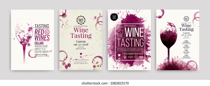 Collection of templates with wine designs. Brochures, posters, invitation cards, promotion banners, menus. Wine stains background. Vector illustration. Layered