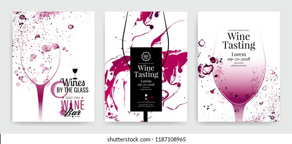 Collection of templates with wine designs. Brochures, posters, invitation cards, promotion banners, menus. Background effect wine drops. Vector illustration. 