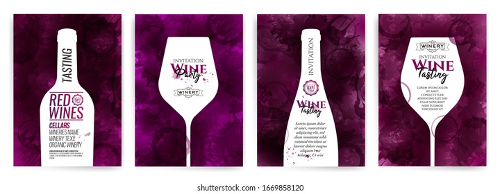 Collection of templates with wine designs. Brochures; posters; invitation cards; promotion banners; menus. Wine stains background. Vector illustration. Layered