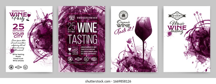 Collection of templates with wine designs. Brochures; posters; invitation cards; promotion banners; menus. Wine stains background. Vector illustration. Layered