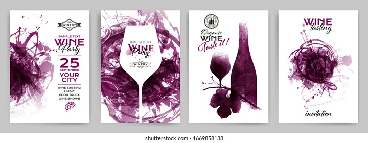 Collection of templates with wine designs. Brochures; posters; invitation cards; promotion banners; menus. Wine stains background. Vector illustration. Layered