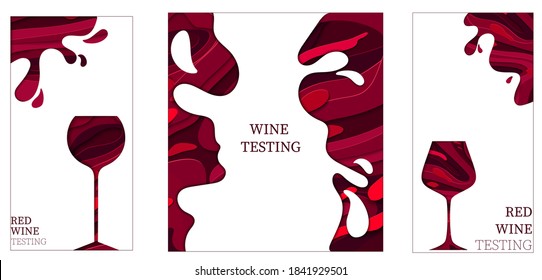 Collection of templates with wine designs. Brochures, posters, invitation cards, promotion banners, menu alcohol concept design for celebration. Wine stains background. Vector illustration. Vector pap