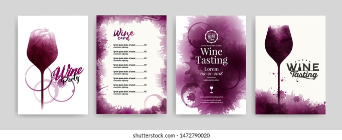 Collection of templates with wine designs. Elegant wine glass illustration. Brochure, poster, invitation card, promotion banner, menu, list, cover. Wine stains backgrounds. Vector illustration. 