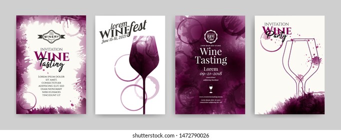 Collection of templates with wine designs. Elegant wine glass illustration. Brochure, poster, invitation card, promotion banner, menu, list, cover. Wine stains backgrounds. Vector illustration. 