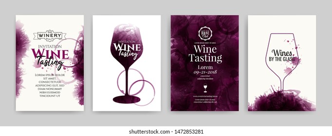 Collection of templates with wine designs. Elegant wine glass illustration. Brochure, poster, invitation card, promotion banner, menu, list, cover. Wine stains backgrounds. Vector 