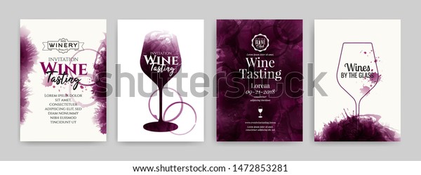 ワインのデザインを含むテンプレートのコレクション 優美なワイングラス イラスト パンフレット ポスター 招待状 プロモーションバナー メニュー リスト 表紙 ワインの背景が汚れる ベクター画像 のベクター画像素材 ロイヤリティフリー