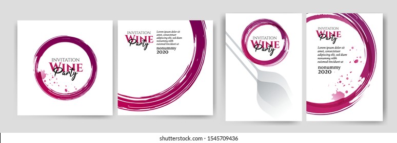 Collection of templates with wine designs. Wine glass marks, red strokes on white background. Brochure, poster, invitation card, promotion banner, menu, list, cover. Vector illustration.