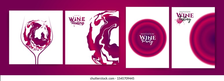 Collection of templates with wine designs. Idea, top view concept of wine glass. Liquid effect, red wine inside the glass. Brochure, poster, invite card, menu, list, cover. Vector illustration.