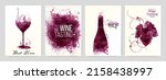 Collection of templates with wine designs. Illustration with background wine stains, glass, bottle, vine leaf. Brochure, poster, invitation card, promotion banner, menu, list, cover. Vector 