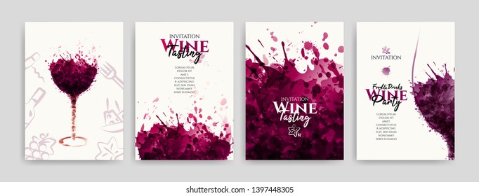 Collection of templates with wine designs, illustration of wine glasses with spots and food symbols. Brochures, posters, invitations, promotional banners, menus. Vector illustration