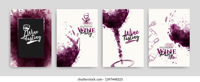 Collection of templates with wine designs, illustration of wine glasses with spots. Brochures, posters, invitations, promotional banners, cards. Vector illustration