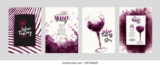 Collection of templates with wine designs, illustration of wine glasses with spots. Brochures, posters, invitations, promotional banners, cards. Vector illustration