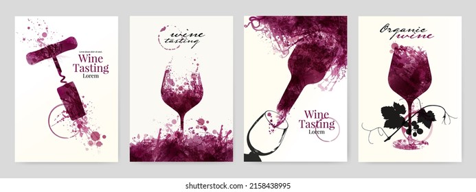 Collection of templates with wine designs. Illustration with background wine stains, glass, bottle, corkscrew. Brochure, poster, invitation card, promotion banner, menu, list, cover. Vector 