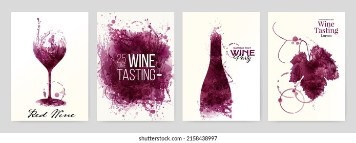 Collection of templates with wine designs. Illustration with background wine stains, glass, bottle, vine leaf. Brochure, poster, invitation card, promotion banner, menu, list, cover. Vector 