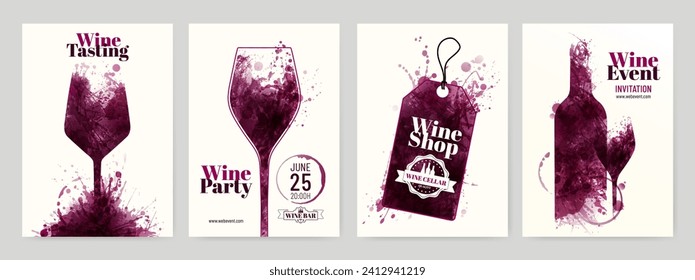 Collection of templates with wine designs. Illustration with background wine stains, glass, bottle, label. Brochure, poster, invitation card, promotion banner, menu, list, cover. Vector