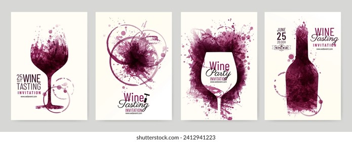 Collection of templates with wine designs. Illustration with background wine stains, glass, bottle. Brochure, poster, invitation card, promotion banner, menu, list, cover. Vector