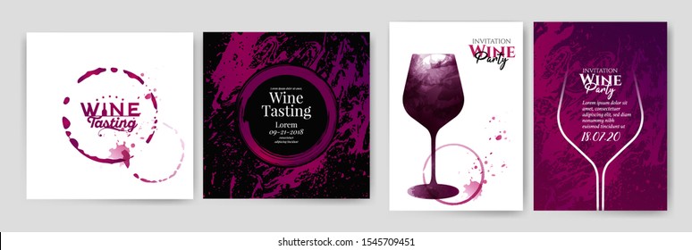 Collection of templates with wine designs.Wine glass illustration. Background texture and stains of red wine.Brochure, poster, invitation card, promotion banner, menu, list, cover. Wine stains.