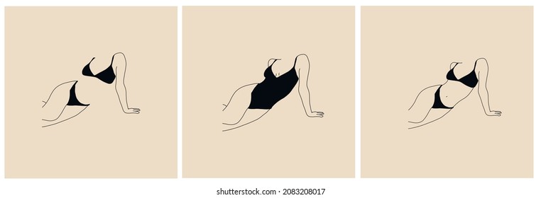 Collection templates woman in swimsuit or underwear. Vector design to advertise clothing brand, highlights, web design, promotion. Minimalistic hand drawn linear art. Beauty and fashion. 