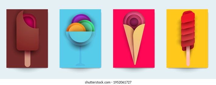 Collection templats cover with ice cream. Abstract art composition in modern geometric papercut style. Minialistic concept design for branding banner, flyer, book, menu, card. Vector illustration.