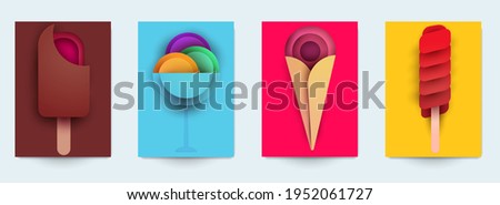 Collection templats cover with ice cream. Abstract art composition in modern geometric papercut style. Minialistic concept design for branding banner, flyer, book, menu, card. Vector illustration.