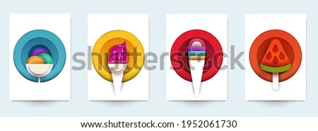 Collection templats cover with ice cream. Abstract art composition in modern geometric papercut style. Minialistic concept design for branding banner, flyer, book, menu, card. Vector illustration.