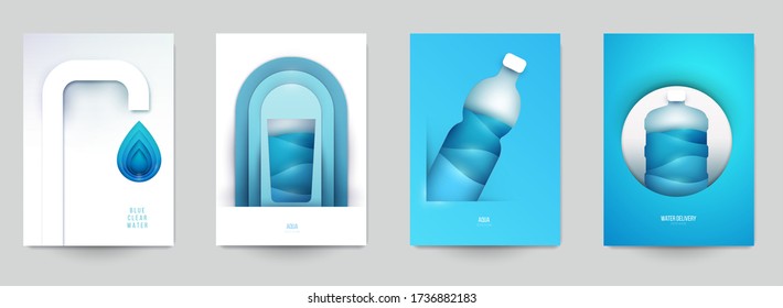 Collection templats cover for water. Abstract art composition in modern geometric papercut style. Minialistic concept design for branding banner, flyer, book, menu, card. Vector illustration.