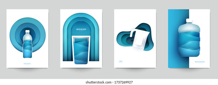 Collection templats cover for water. Abstract art composition in modern geometric papercut style. Minialistic concept design for branding banner, flyer, book, menu, card. Vector illustration.